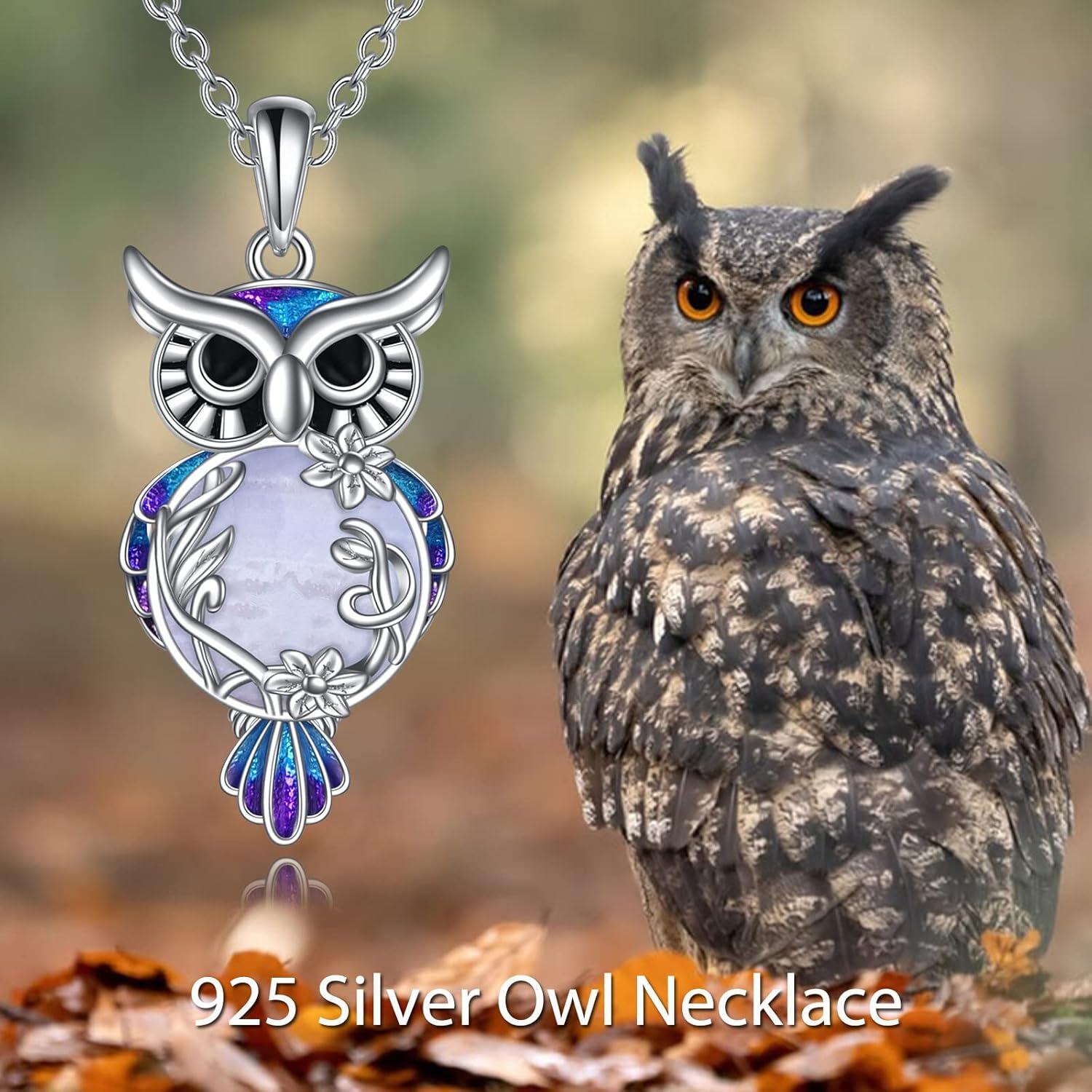 wholesale 925 Sterling Silver Purple Moonstone Filigree Owl Pendant Necklace for Women-0-5
