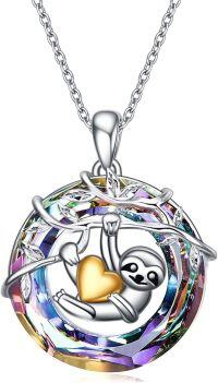 wholesale 925 Sterling Silver Rainbow Crystal Sloth Heart Pendant Necklace for Women Girls-purple crystal sloth