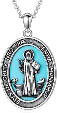 wholesale 925 Sterling Silver St. Benedict Pendant with Turquoise Stone - Religious Jewelry for Men & Women -17-Turquoise St Benedict Necklace