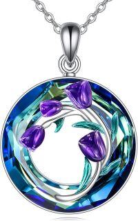 wholesale 925 Sterling Silver Purple Tulips Necklace with Moonstone and Crystal Cross Flower Jewelry for Mother's Day Gifts-blue crystal