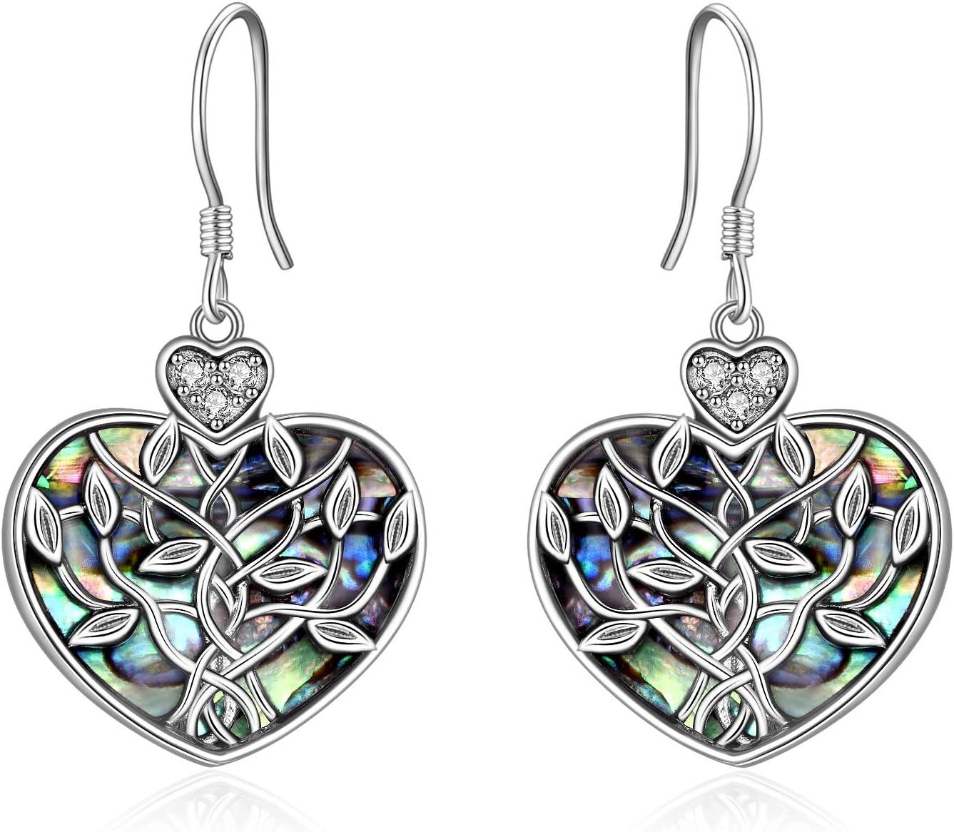 925 Sterling Silver Heart-Shaped Abalone Shell Tree of Life Dangle Earrings with Cubic Zirconia Accents for Women-0-0