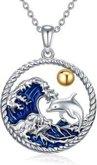 wholesale 925 Sterling Silver Dolphin Ocean Wave Pendant Necklace with Gold Ball Charm-Dolphin
