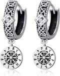 wholesale 925 Sterling Silver Norse Vegvisir Compass & Wolf Claw Huggie Earrings for Men/Women-0-0