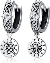 wholesale 925 Sterling Silver Norse Vegvisir Compass & Wolf Claw Huggie Earrings for Men/Women-Viking Compass Hoop Earring-Black