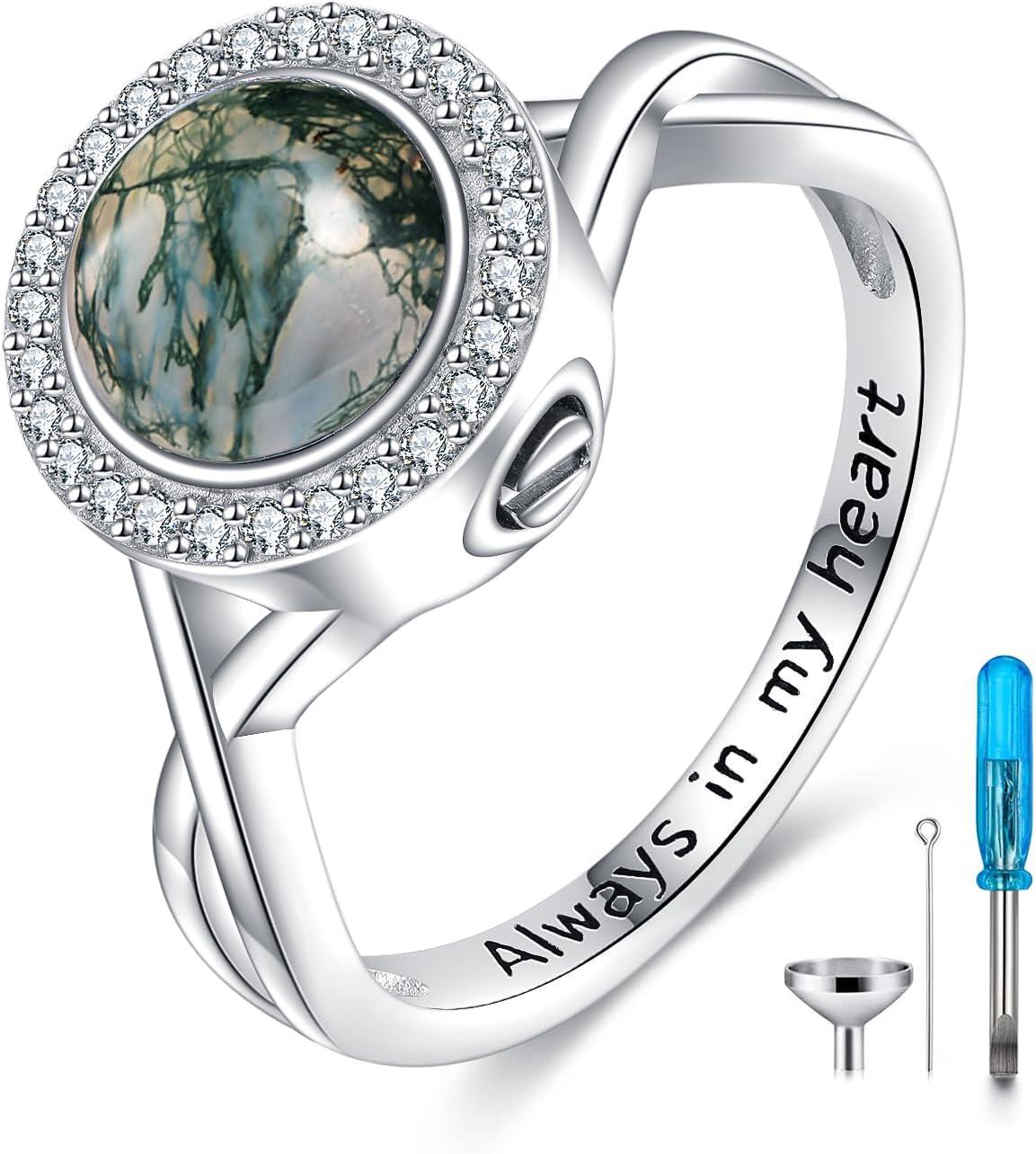 Sterling Silver Lotus Moss Agate Urn Ring for Women s Ashes-0-0