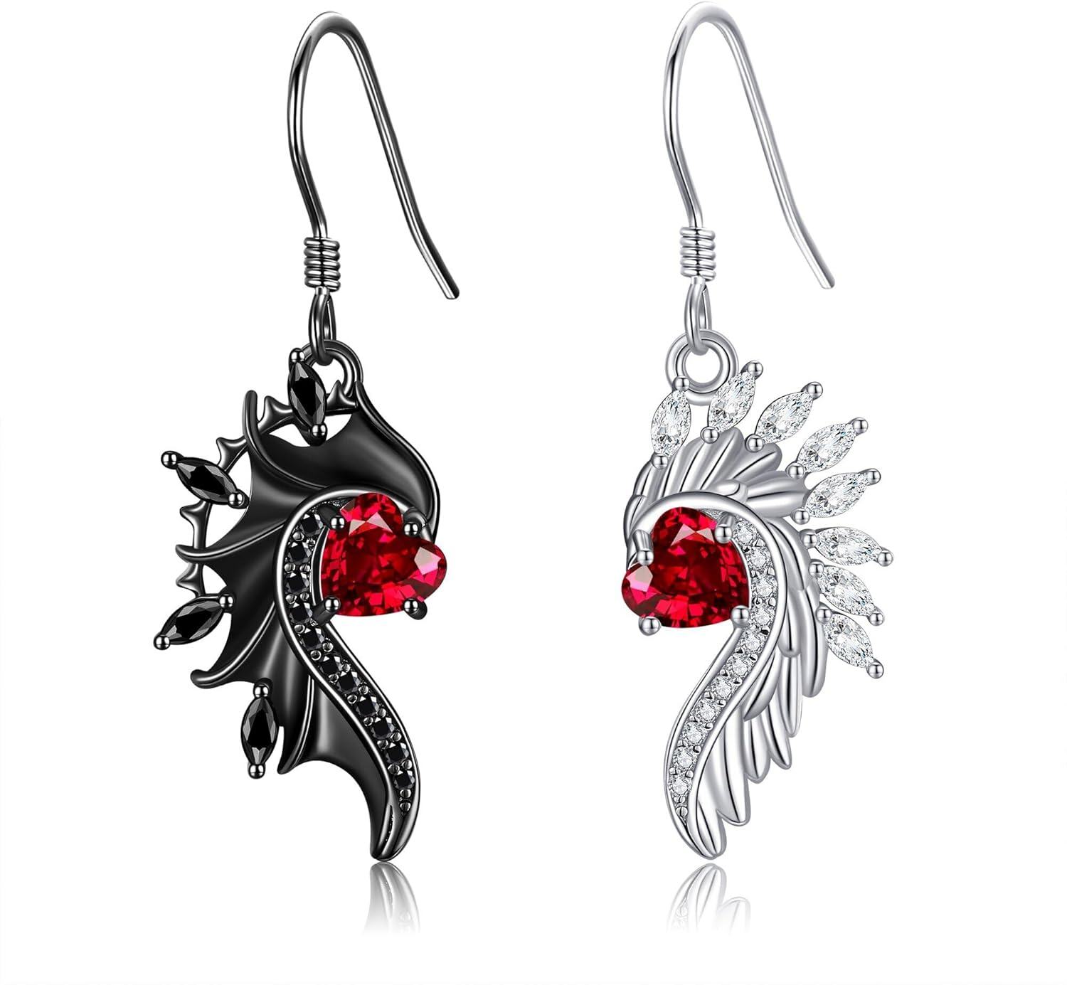 Sterling Silver Gothic Angel Devil Wings Heart Dangle Earrings for Women-Angel Devil