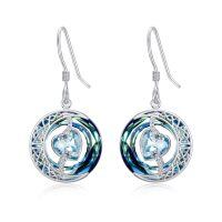 wholesale 925 Sterling Silver Purple Heart & Blue Swarovski Crystals Round Drop Earrings for Women-03-March-Aquamarine