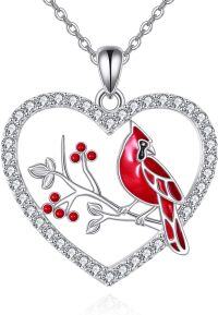 wholesale 925 Sterling Silver Red Bird in Heart Shape Pendant Necklace - Valentine's Day Gift for Her-cardinal