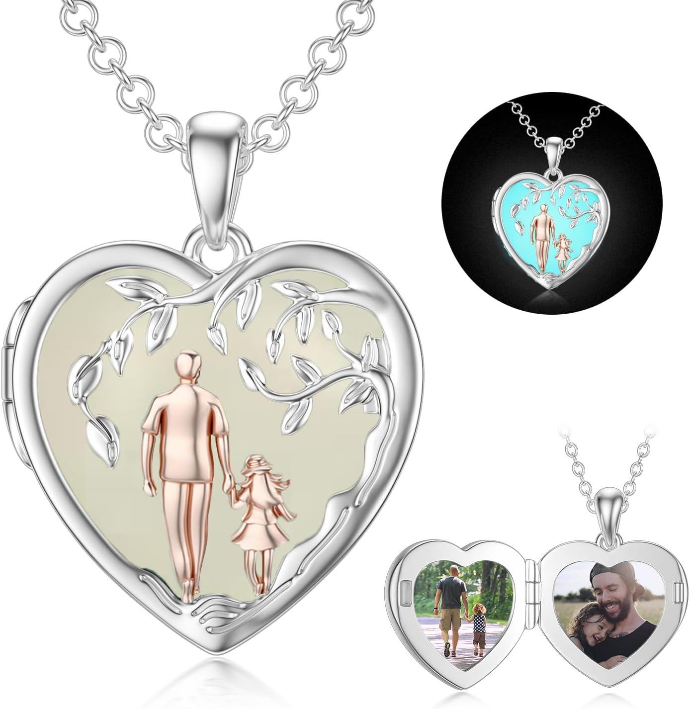 Sterling Silver Abalone Shell Daughter Locket Necklace Gift from Mom Dad-02-05-Father Daughter Locket-Simulated Luminous Stone+ Photo