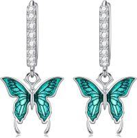 wholesale 925 Sterling Silver Green Enamel Butterfly Drop Huggie Hoop Earrings for Women - 6 Styles-Green Butterfly Earrings