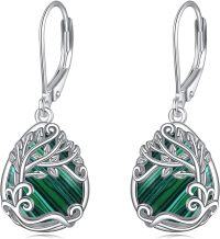 wholesale Sterling Silver Moonstone Leverback Teardrop Dangle Earrings for Women-AA-Tree of Life Malachite