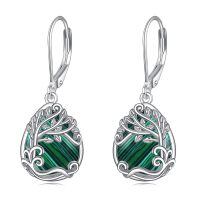 wholesale 925 Sterling Silver Tree Of Life Drop Earrings Wholesale With Green Stone-AA-Tree of Life Malachite
