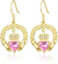 wholesale 18K Gold Plated 925 Sterling Silver Claddagh Birthstone Earrings for Women Irish Celtic Jewelry Gifts-10-October-Lab Created Pink Tourmaline