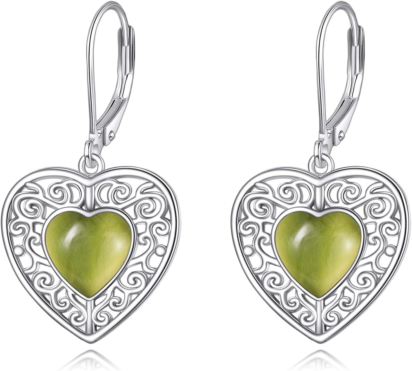 Sterling Silver Onyx Peridot Pink Moss Agate Turquoise Lapis Lazuli Heart Earrings-Peridot earrings