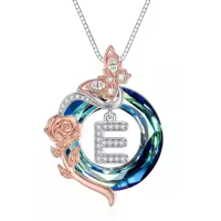 TOUPOP Sterling Silver Blue Crystal E Initial Rose Butterfly Necklace-undefined