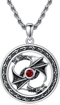 wholesale 925 Sterling Silver Dragon Pendant Necklace with Red Stone for Men and Boys - 3D Design (Length: Adjustable)-Dragon