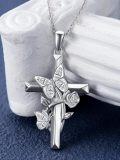 wholesale 925 Sterling Silver Pink Crystal Butterfly & Rose Cross Pendant Necklace Gift for Mom Wife Grandmother-0-8