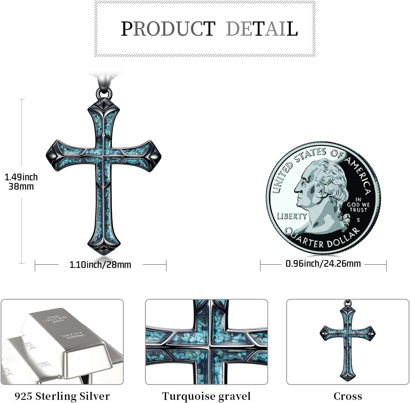 wholesale 925 Sterling Silver Turquoise Inlay Celtic Cross Pendant Necklace for Men & Women - Christian Religious s-0-3