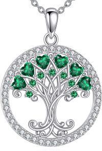 wholesale 925 Sterling Silver Birthstones Tree of Life Necklace for Women Anniversary Birthday Christmas Wedding Jewelry for Wife Sister-05-May-Emerald