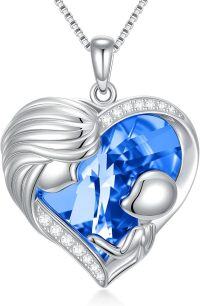 wholesale  Sterling Silver & White Gold Plated Sapphire Mother Holding Child Heart Necklace with Austrian Crystal - Mother's Day Gift for Mom Wife-09-September-Sapphire