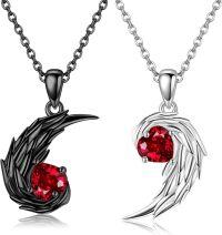 wholesale 925 Sterling Silver Red Crystal Winged Heart Pendant Necklaces for Couples-Feather
