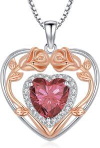 wholesale 925 Sterling Silver Birthstone Heart Rose Pendant Necklace for Her-1-Jan-Garnet