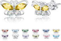 wholesale 925 Sterling Silver Cubic Zirconia 12 Birthstone Butterfly Stud Earrings-11-Nov.