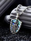 wholesale  Shield-Shaped Saint Religious Pendant with Abalone Shell Inlay and Cross Charm - 3D Relief Design for Men & Women-0-1