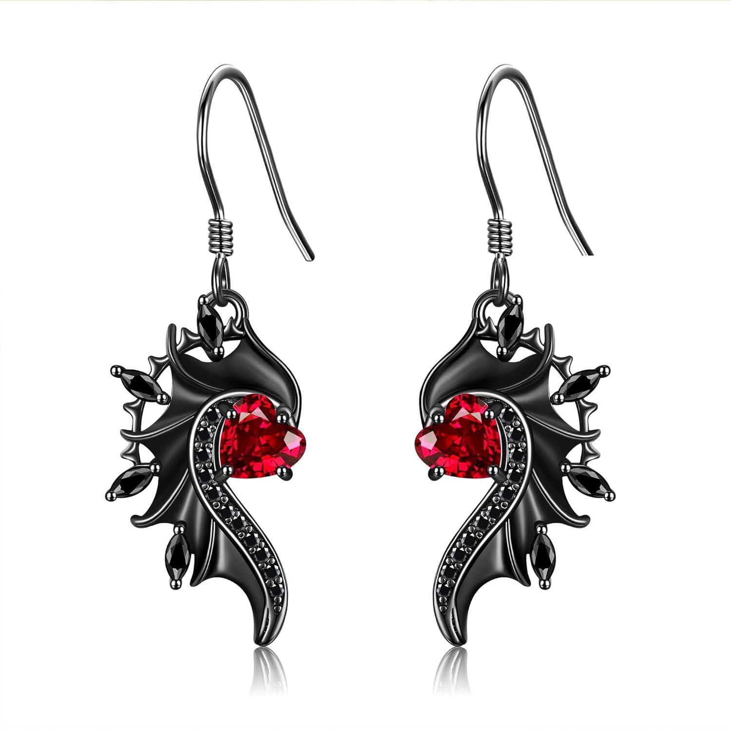 Sterling Silver Gothic Angel Devil Wings Heart Dangle Earrings for Women-0-0
