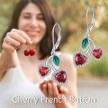 wholesale 925 Sterling Silver Heart-Shaped Red Crystal and Green Leaf Dangle Drop Earrings - Fruit Inspired Jewelry-0-4