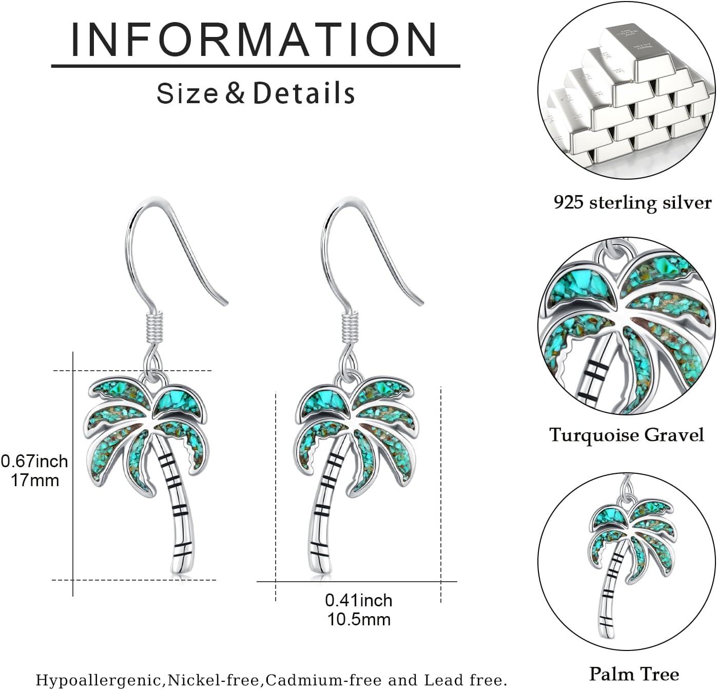 wholesale 925 Sterling Silver Palm Tree Turquoise Stone Hook Earring Beach Jewelry-0-5