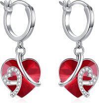wholesale Sterling Silver Heart Crystal Dangle Hoop Earrings for Women-1-Red