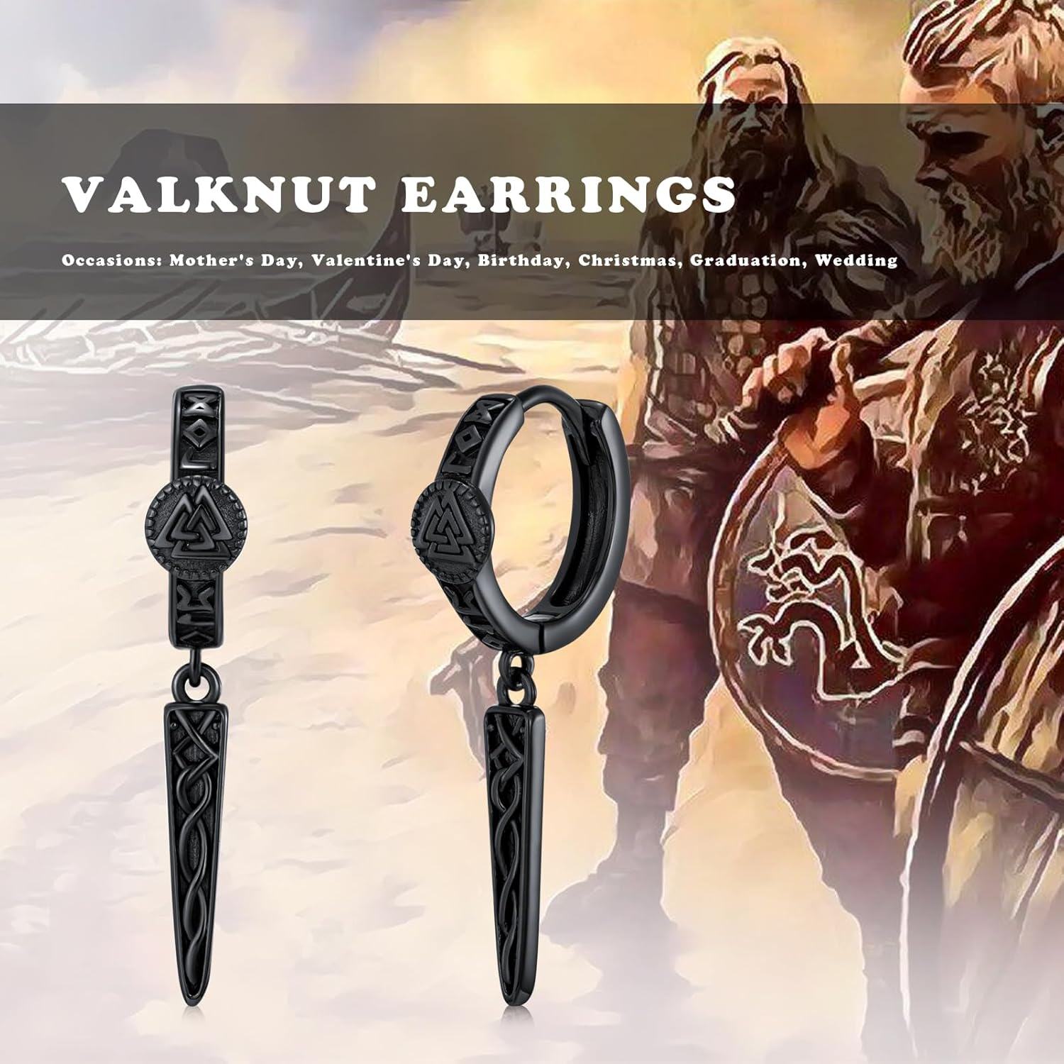 Sterling Silver Gothic Punk Black Viking Runes Wolf Head Valknut Drop Dangle Earrings-0-1