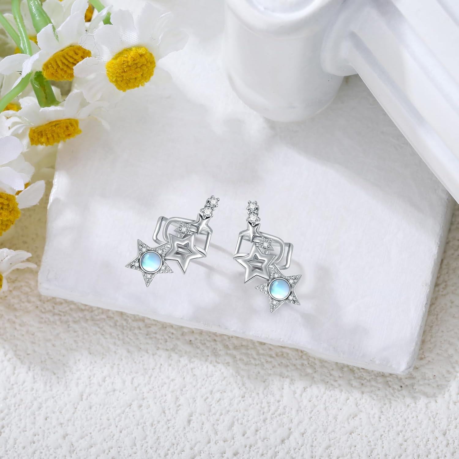 925 Sterling Silver Star Moonstone Studs with Cubic Zirconia for Non-Pierced Ears-0-3