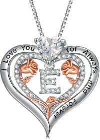 wholesale Sterling Silver Rose Pendant Necklace A Z Initial Letter Heart Jewelry for Women Valentine Mother s Day Birthday Gifts for Her-Letter E