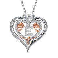 wholesale 925 Sterling Silver Rose Pendant Necklace A Z Initial Letter Heart Jewelry for Women Valentine Mother s Day Birthday Gifts for Her-Letter E