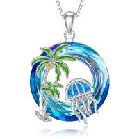 TOUPOP Sterling Silver Blue Opal Tropical Palm Tree Jellyfish Pendant Necklace-undefined