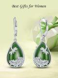 wholesale 925 Sterling Silver 925 Green Jade Teardrop Dangle Earrings with Lotus Flower Design for Women-0-3