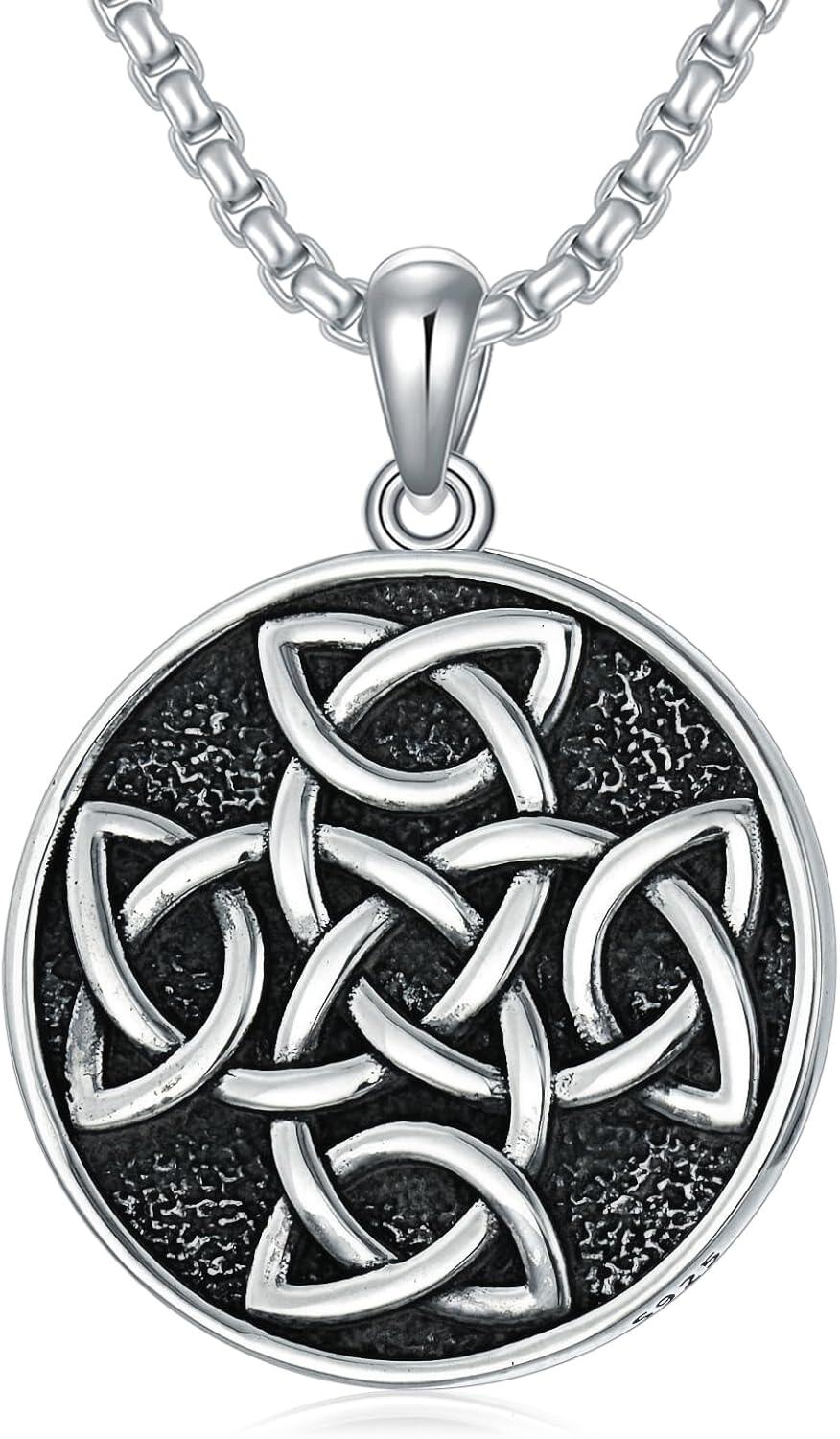 wholesale 925 Sterling Silver Celtic Knot Circle Pendant on Stainless Steel Rolo Chain Necklaces with Black Stone and Triquetra Design for Men & Women Christian  Ideas-0-0