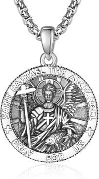 wholesale Sterling Silver Patron Saint Medal Amulet Necklace for Men 2 5mm 22 +2 Chain-A30-Saint Raphael