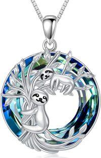 wholesale 925 Sterling Silver Sloth Tree of Life Pendant Necklace with Blue Crystal Birthday Christmas Gifts for Women Mom Daughter Sister-2 Sloth
