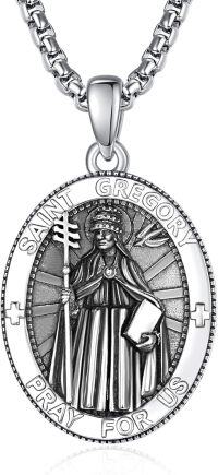wholesale Sterling Silver Patron Saint Medal Amulet Necklace for Men 2 5mm 22 +2 Chain-A41-Saint Gregory