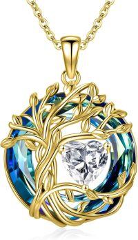 wholesale White Gold Yellow Gold Plated Sterling Silver Austrian Crystal Celtic Tree of Life Necklace-04-Apri-Simulated Diamond 18K Gold-Blue Crystal