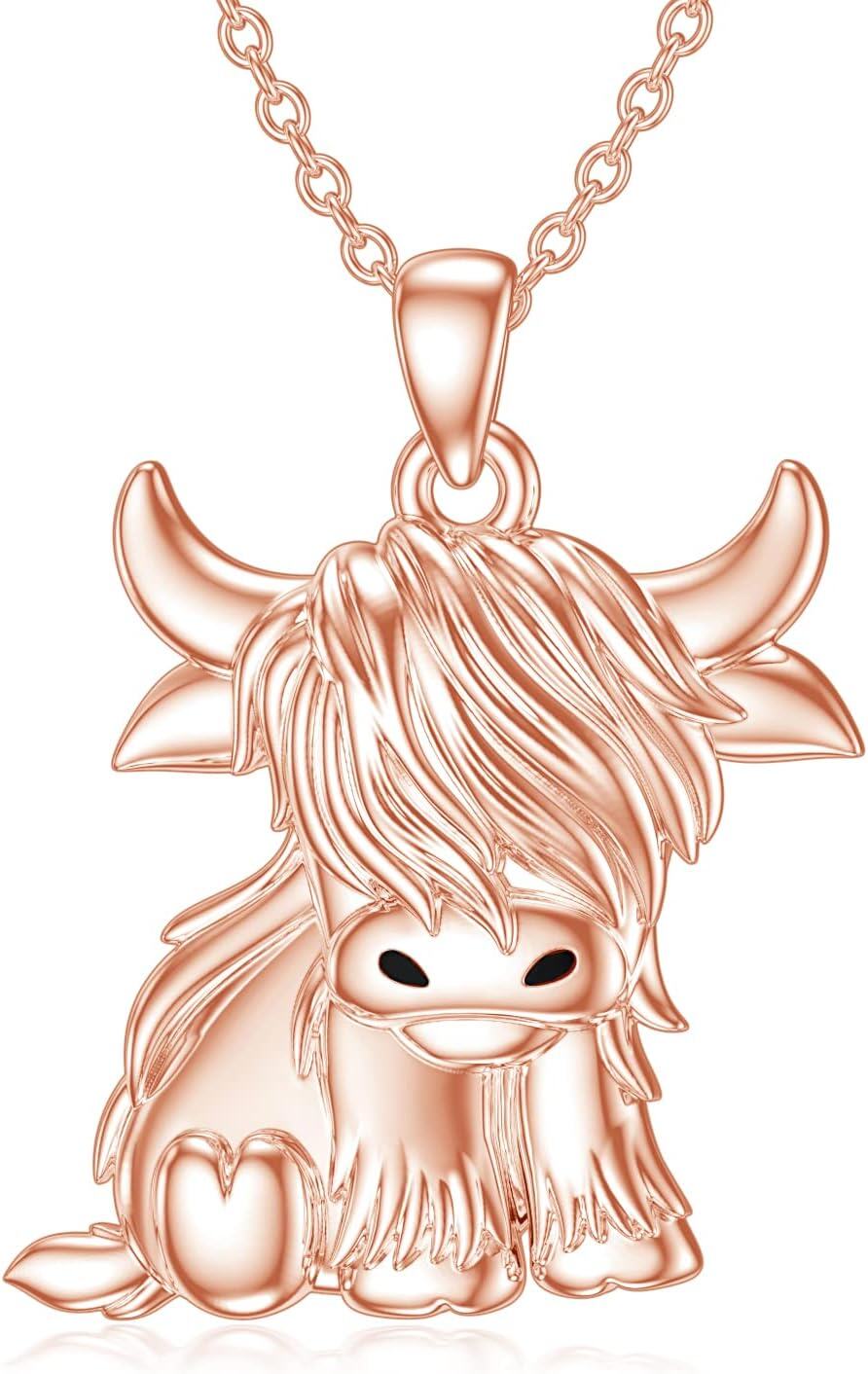 Sterling Silver Highland Cow Birthstone Necklace Jewelry Gifts for Women Girls-0-2-Rose Gold-0-2-Rose Gold