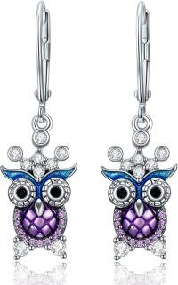 wholesale 925 Sterling Silver Owl Drop Earrings with Purple Enamel and Cubic Zirconia for Women-Owl
