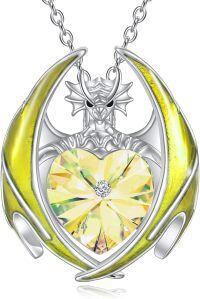wholesale 925 Sterling Silver Crystal Dragon Necklace with Heart Birthstone Pendant-04-Apr