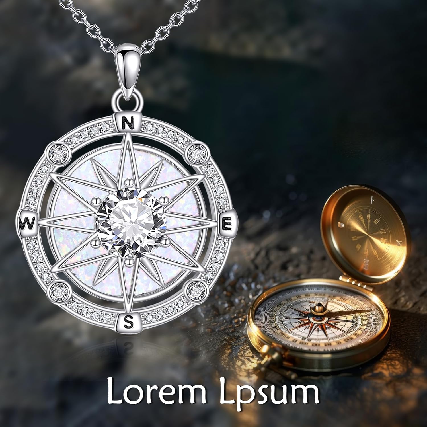 Sterling Silver Opal Abalone Blue Crystal Compass Necklace-0-4