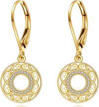 wholesale 14k Gold Round Hollow Out Flower Shape Crystal Leverback Earrings for Women Girls-Circle Filigree Earrings