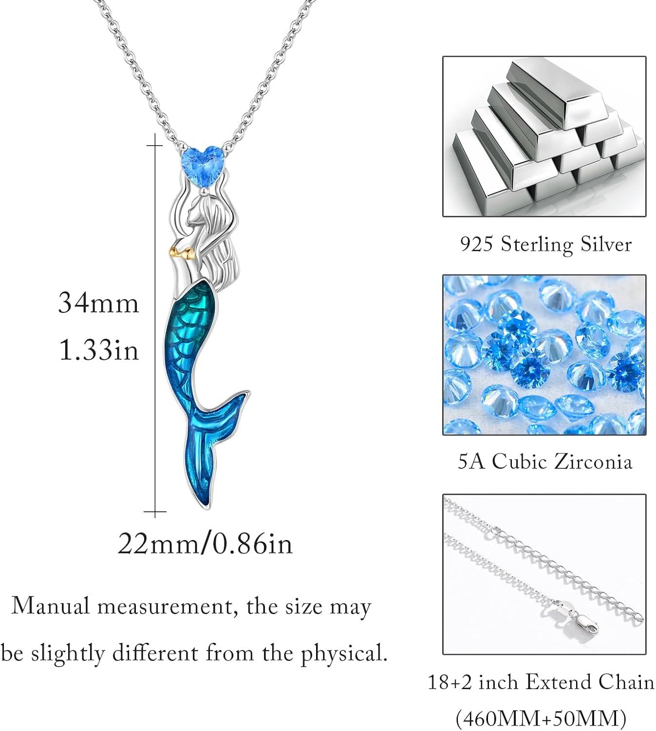 wholesale 925 Sterling Silver Blue CZ Heart Mermaid Pendant Necklaces for Women Girls Beach Gifts-0-4