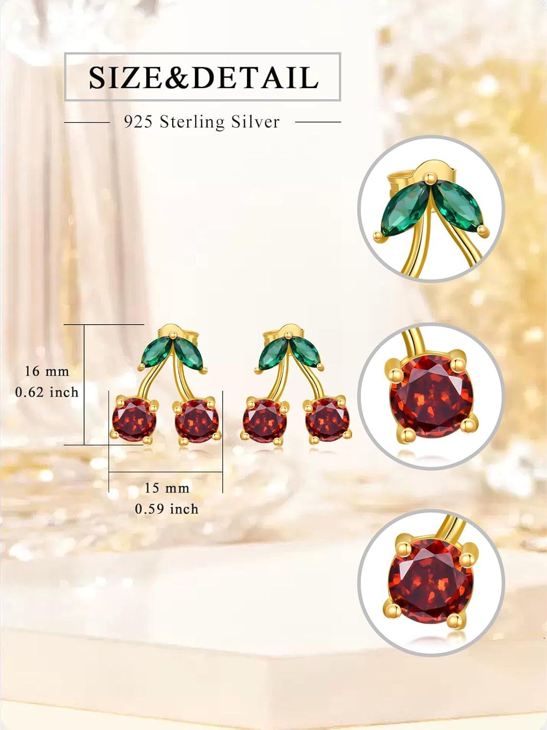 wholesale Gold Cherry Garnet Gemstone 925 Sterling Silver Stud Earrings for Women-0-1
